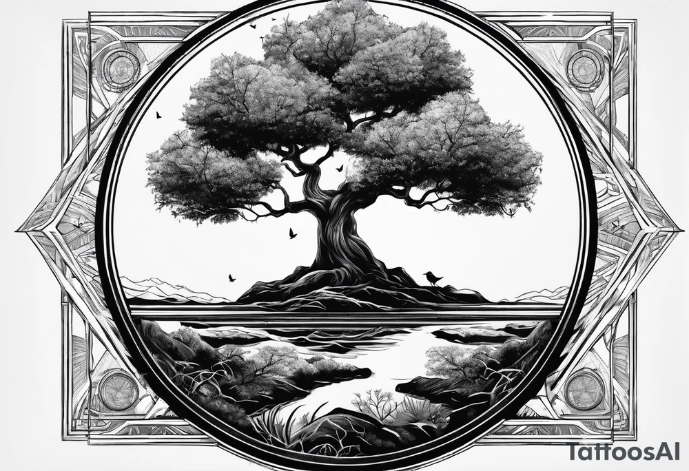 tree growing from book with branches containing triangle portals to another worlds tattoo idea