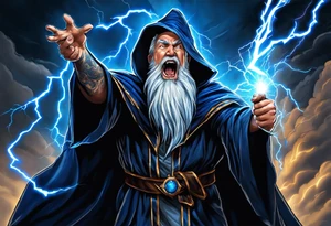Yelling wizard directing a lightning strike with blue lightning and a black cloak tattoo idea