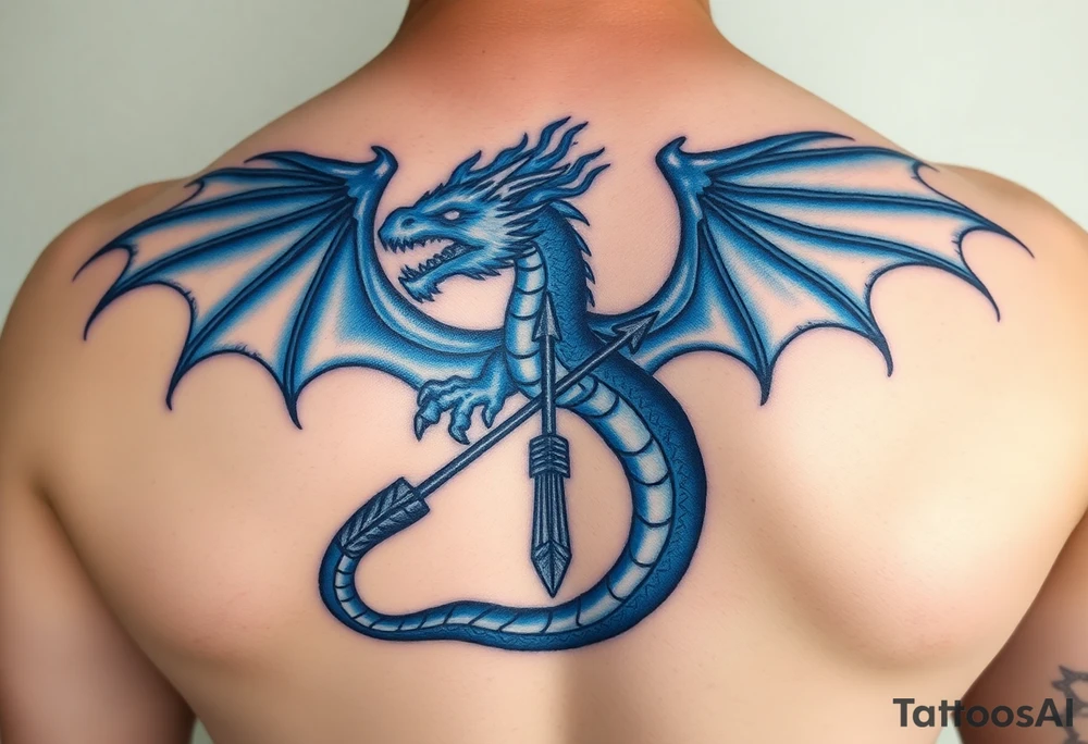 Blue fire breathing dragon with an arrow through its chest and wings spread tattoo idea