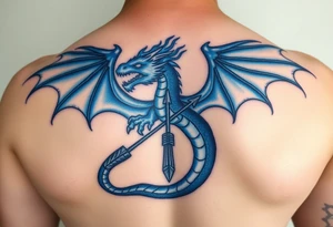 Blue fire breathing dragon with an arrow through its chest and wings spread tattoo idea