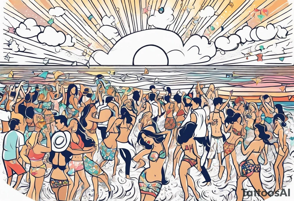 1960'S BEACH DANCE PARTY 
party, include confetti, music notes, 
, bikinis sunset in the center tattoo idea