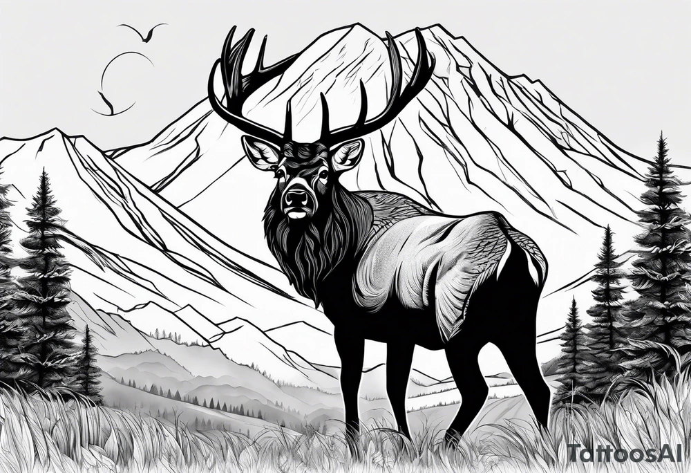 Wildlife, trees, mountains tattoo idea
