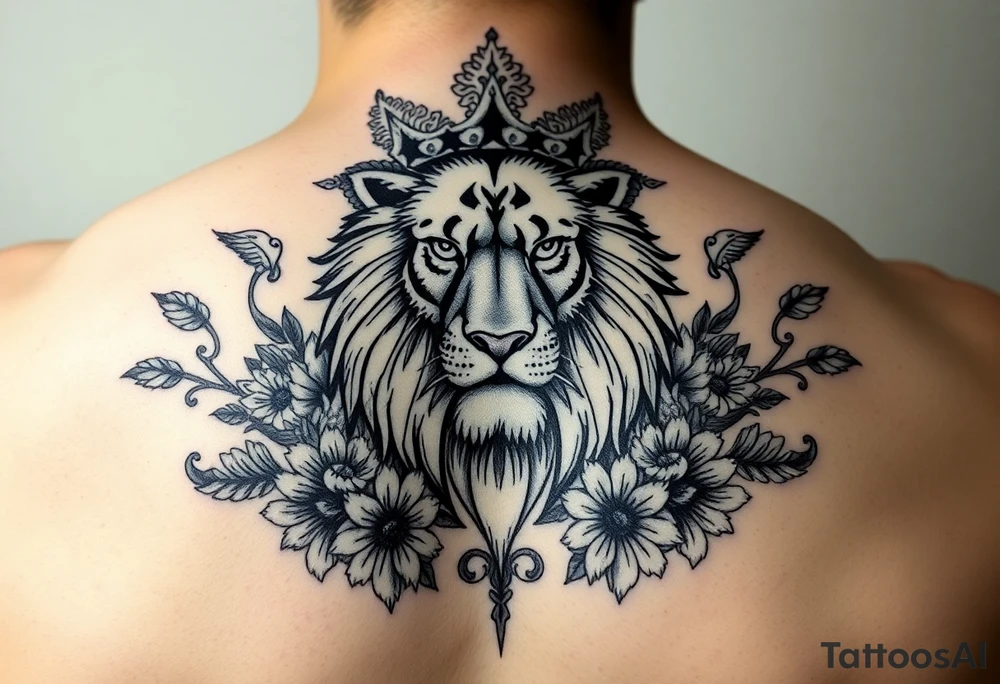 powerful majestic lion with a crown, surrounded by floral ornaments and birds tattoo idea