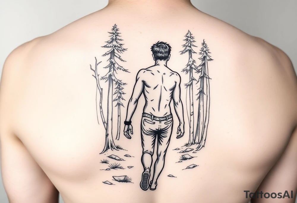 naked young man walking in the forest , pin up style, black and white tattoo idea