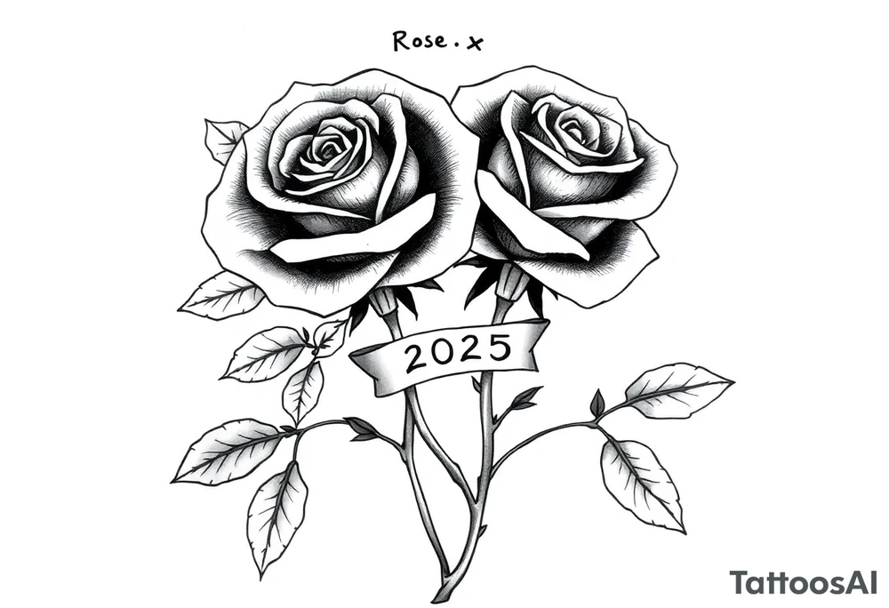two beautiful rose buds, with many leaves and stems intertwined, representing two people in love. Include a small banner with "2025" on it.  The word "Rose" written in Kanji above the drawing. tattoo idea