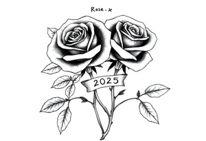 two beautiful rose buds, with many leaves and stems intertwined, representing two people in love. Include a small banner with "2025" on it.  The word "Rose" written in Kanji above the drawing. tattoo idea