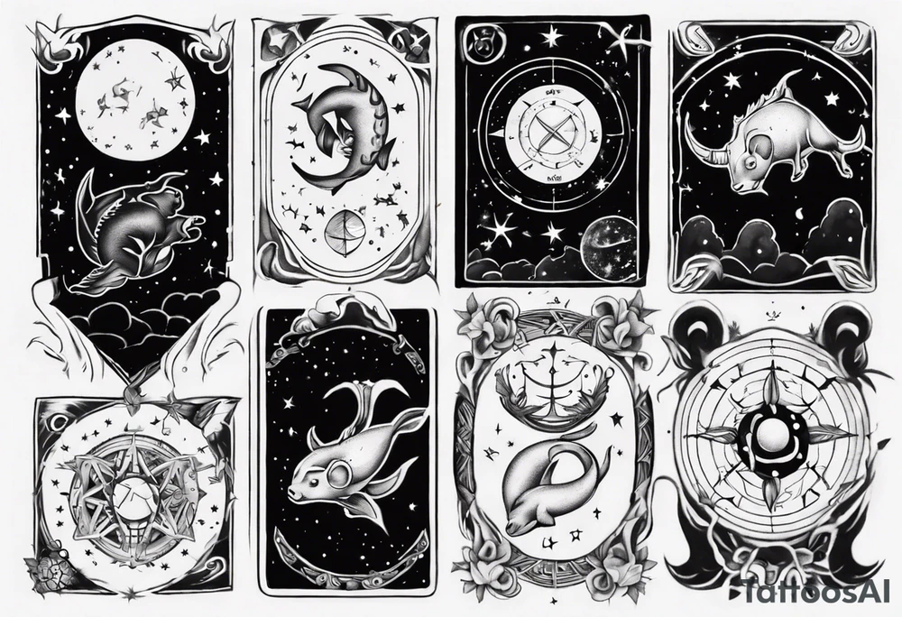 night sky, showing zodiac sign for Pisces and Taurus. upper arm sleeve tattoo tattoo idea