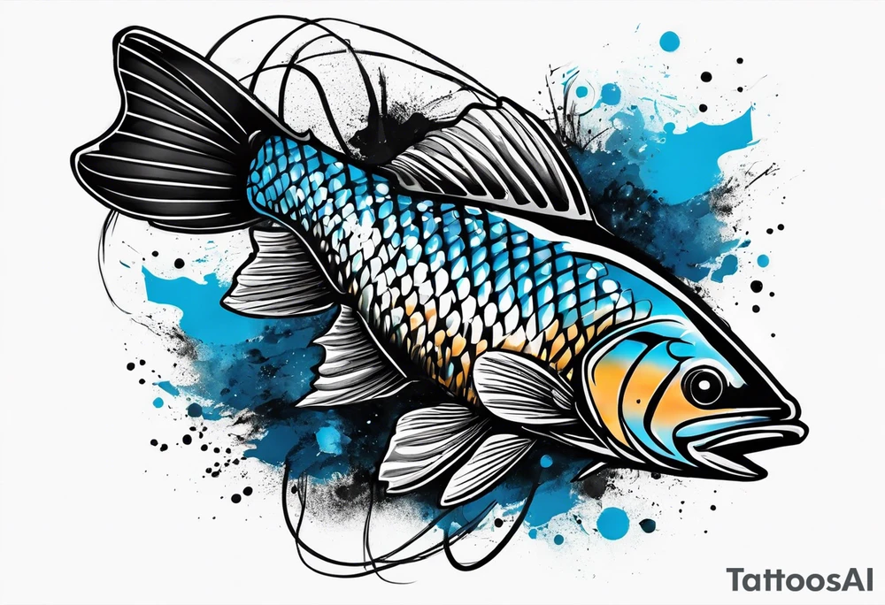Trash polka blue and black fly fishing theme rib piece tattoo idea