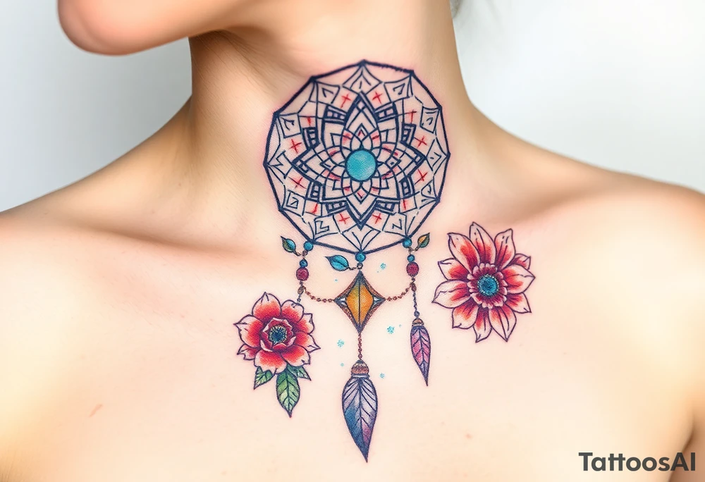 Dreamcatcher with zodiac symbols and protection runes caught in it with tigerlillies roses and sunflowers tattoo idea