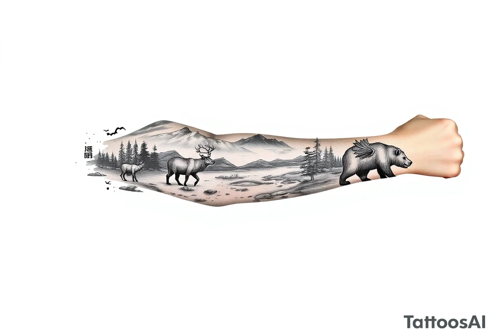 A full-sleeve with the Härjedalen landscape, reindeer, bear, lakes, mountains (Helags), tattoo idea