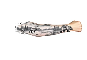 A full-sleeve with the Härjedalen landscape, reindeer, bear, lakes, mountains (Helags), tattoo idea