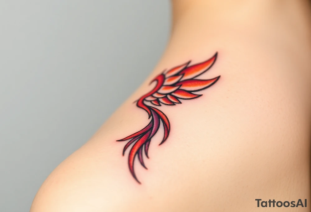 Phoenix rising from the ashes with the colors red, pink, orange and purple. Size 3 cm wide and 5 cm high tattoo idea