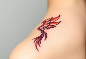 Phoenix rising from the ashes with the colors red, pink, orange and purple. Size 3 cm wide and 5 cm high tattoo idea