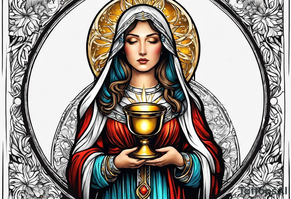 holy saint woman turned away with golden halo holding a chalice tattoo idea
