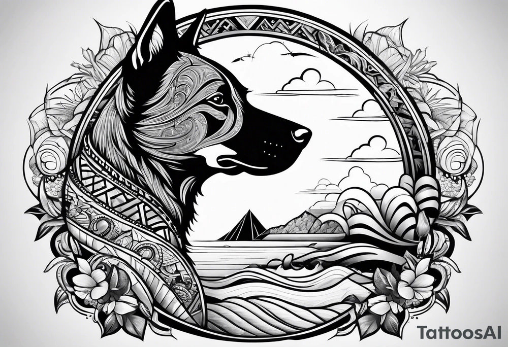 Beach Mountain Racket dog and woman tattoo idea