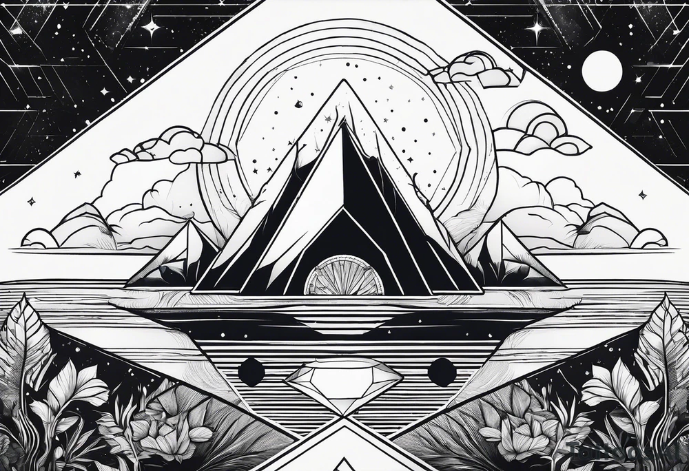 thick line art of space and nature in diamond shape tattoo idea