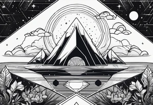 thick line art of space and nature in diamond shape tattoo idea