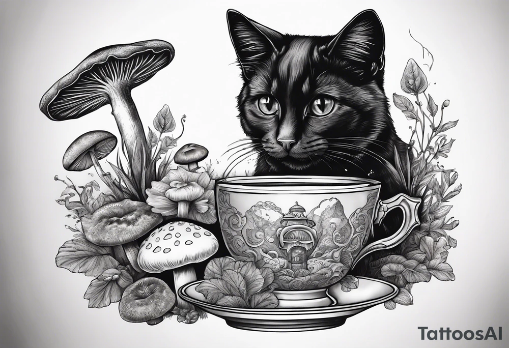 Black and mysterious cat taking a mushrooms tea tattoo idea