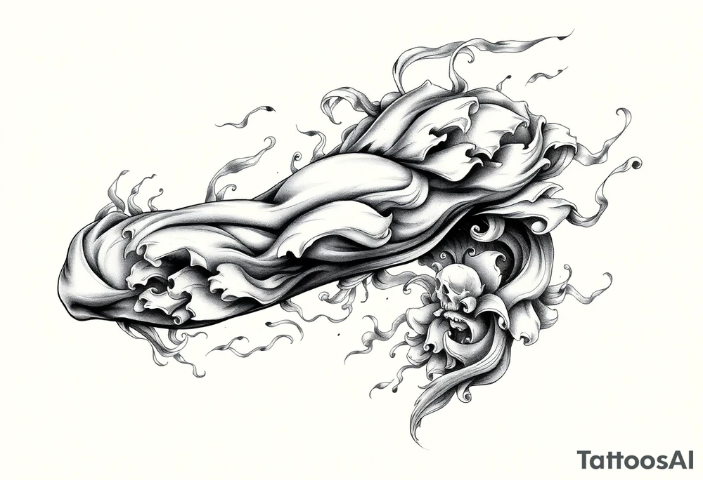 Tattoo sleeve filler using smoke, ash, and fragmented memory effects, organic flow wrapping around arm muscles, soft gradients, negative space, black and grey realism, seamless transitions between main tattoo elements. tattoo idea
