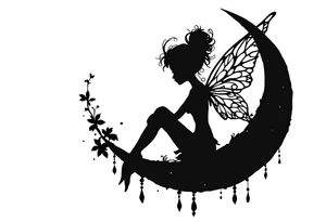 Silhouette of a Fairy sitting on moon with dangles. tattoo idea