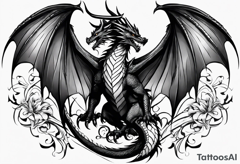 Symmetrical, Realistic dragon, facing forward. With both wings spread out. Torn look to wings. Tails wraps down and has a morning star weapon at the end of tail. The tattoo would be suitable for the centre of a chest tattoo idea
