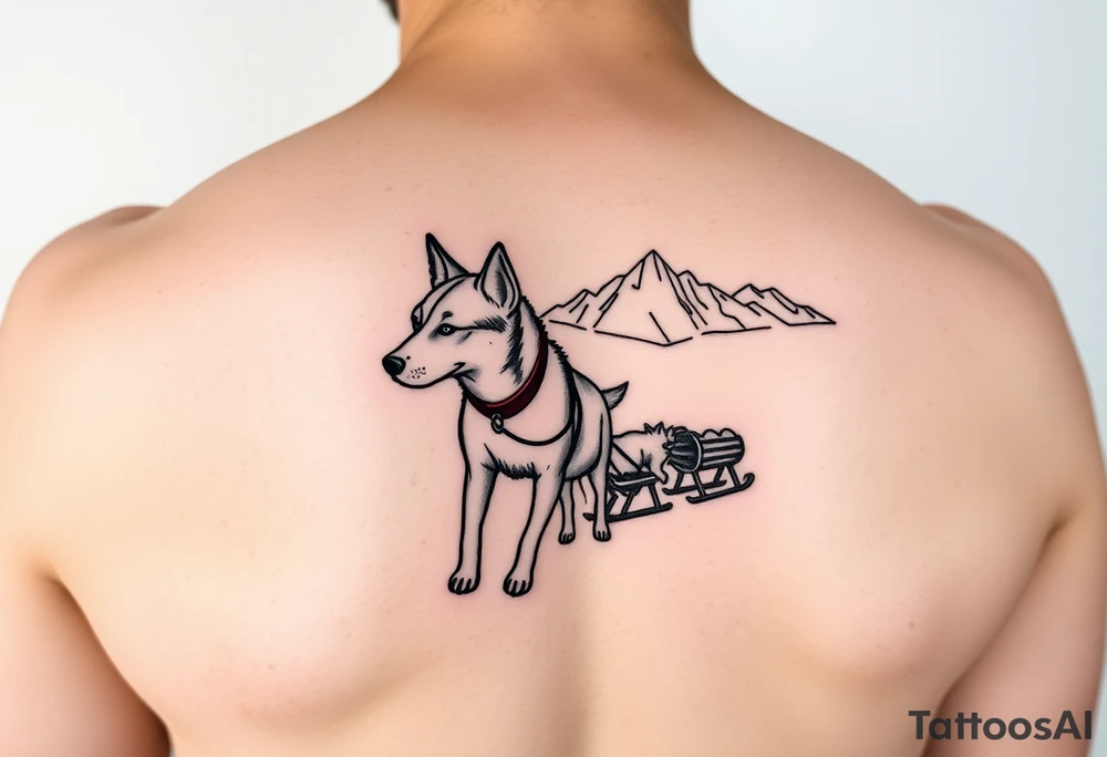 Sled dogs from a side view 
with sled and northern lights and mountains tattoo idea