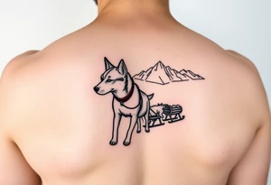 Sled dogs from a side view 
with sled and northern lights and mountains tattoo idea