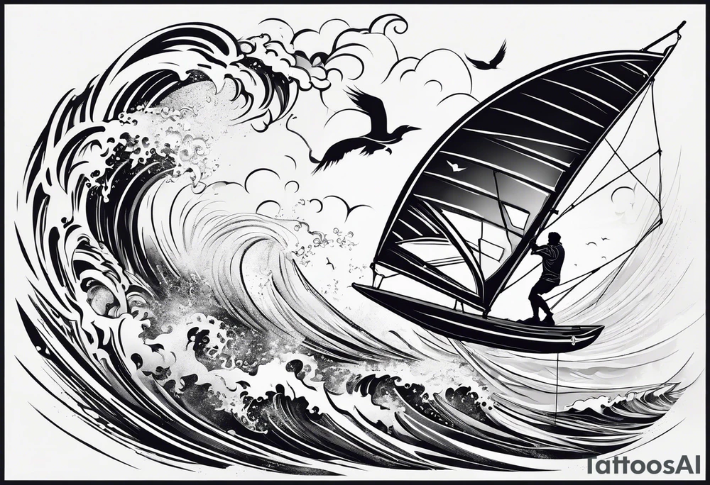 I want a fine tattoo with lots of detail depicting a kitesurfer with a heart-shaped sail inflated by the wind. tattoo idea