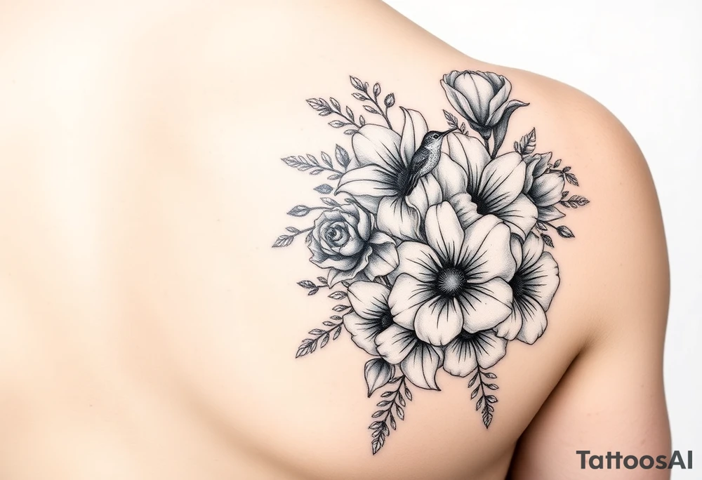 Can you create an image of a tattoo that will go on my upper arm including the following floral arrangement done very light handed and with soft lines- 1 large violet, 1 large carnation, 1 large lily of the valley, 1 large narcicuss, 1 medium carnation, 1 medium violet, 1 small dafodil, 2 small water lillies, and 1 small chrysanthemum. Add a small hummingbird drinking out of the large narcicuss. I want it on my upper right arm on the outside but slightly wrapping around the outer arm. I would like some greenery to fill in spaces as well. Make it large enough to fill my upper arm. I want the flowers to have dramatic and realistic shading. tattoo idea