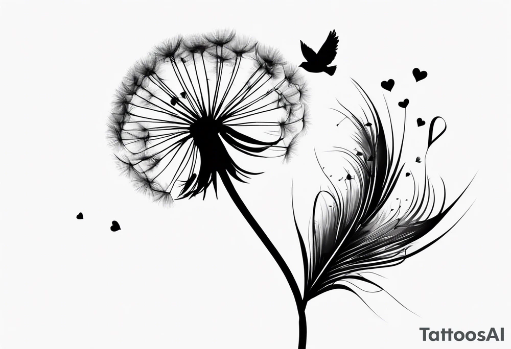 Dandelion with its ligules blowing away, a few legs are tiny hearts, the girls turn into a little bird, flying away to its future tattoo idea