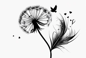 Dandelion with its ligules blowing away, a few legs are tiny hearts, the girls turn into a little bird, flying away to its future tattoo idea