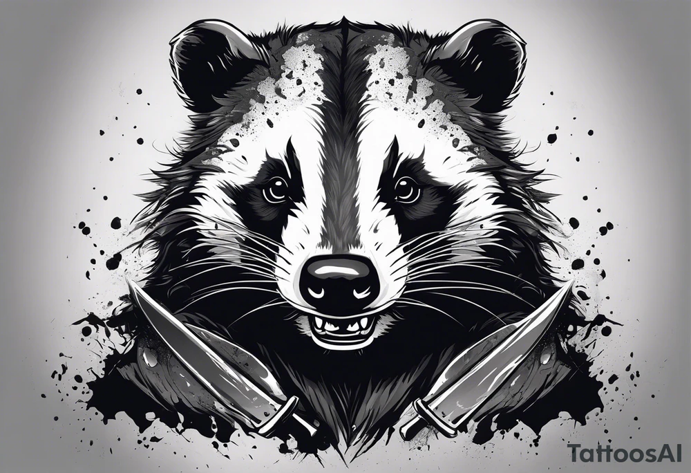 Draw me psychopath badger with aggressive full body, killer face with a smile, very long nails and he attacks like a Bloody Gladiator to enemy and also, he has very deadly looking. The only weapon is his braveness he fights with his nails. Everybody scares after their first sight. And horror type Badger this is with a full body. tattoo idea