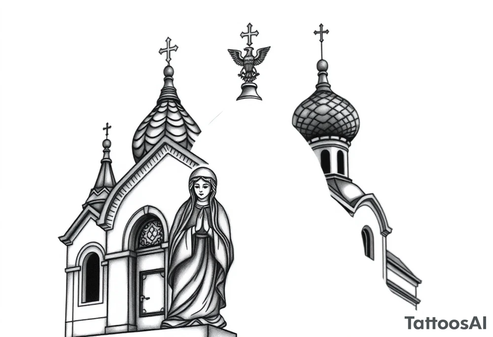 Flowing Scene

A onion domes orthodox church
Virgin Mary in prayer pose on the front doors of the russian orthodox church 
A small double headed russian coat of arms eagle or just the star tucked above the dome near the hairline tattoo idea