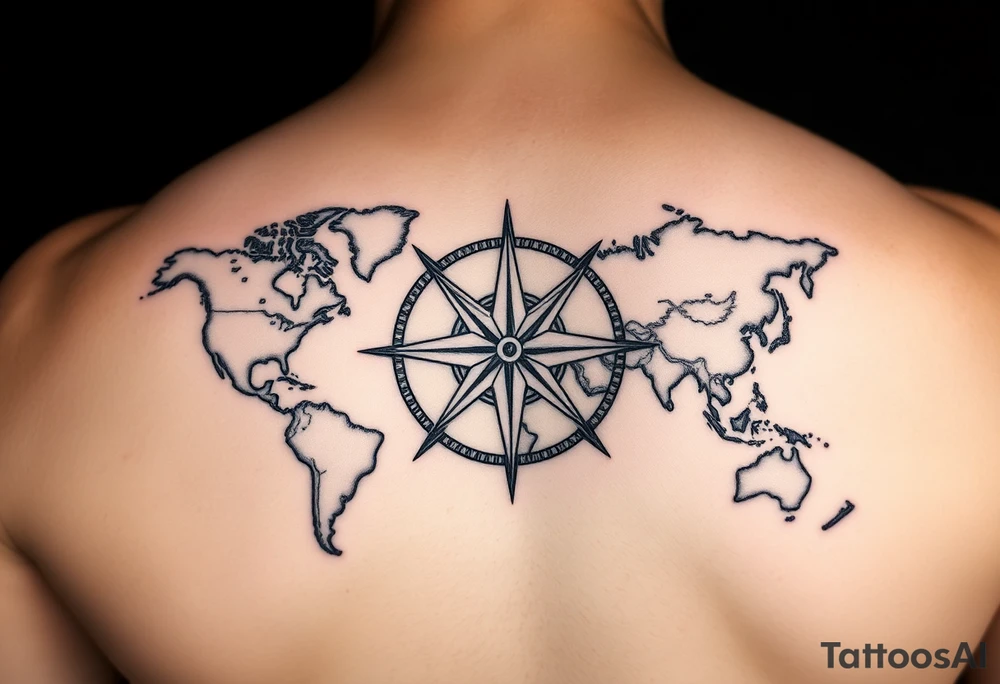 antique compass rose overlaid on weathered world map with sailing ships tattoo idea