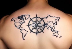 antique compass rose overlaid on weathered world map with sailing ships tattoo idea
