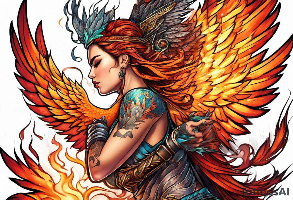 female phoenix scarred warrior with weapons burning tattoo idea
