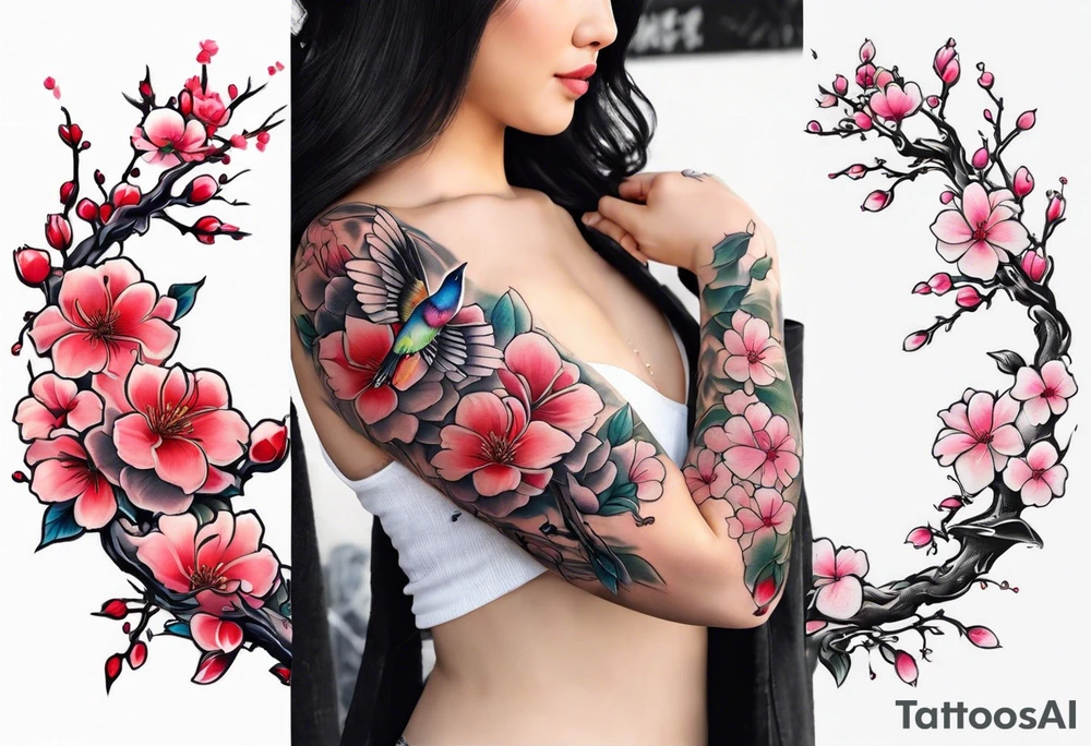 Japanese cherry blossom with birds, butterflies and rose on the forearm tattoo idea