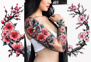 Japanese cherry blossom with birds, butterflies and rose on the forearm tattoo idea