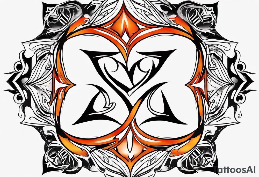 Twin flame symbol and fire. Make it small and minimalistic. Straight clean line border around the flame. Everything else black and white minus the twin flame fire. Flame is blue intertwined with orange/red. tattoo idea