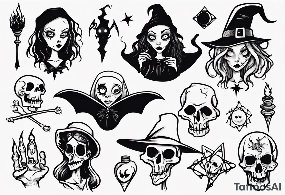 a Tim Burton-style witch necromancer tattoo idea
