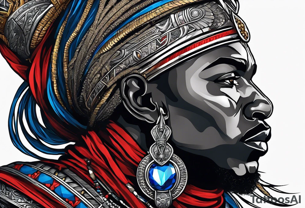 An african god, a warrior, that uses a sword and a silver crown. He also uses blue and red necklaces tattoo idea