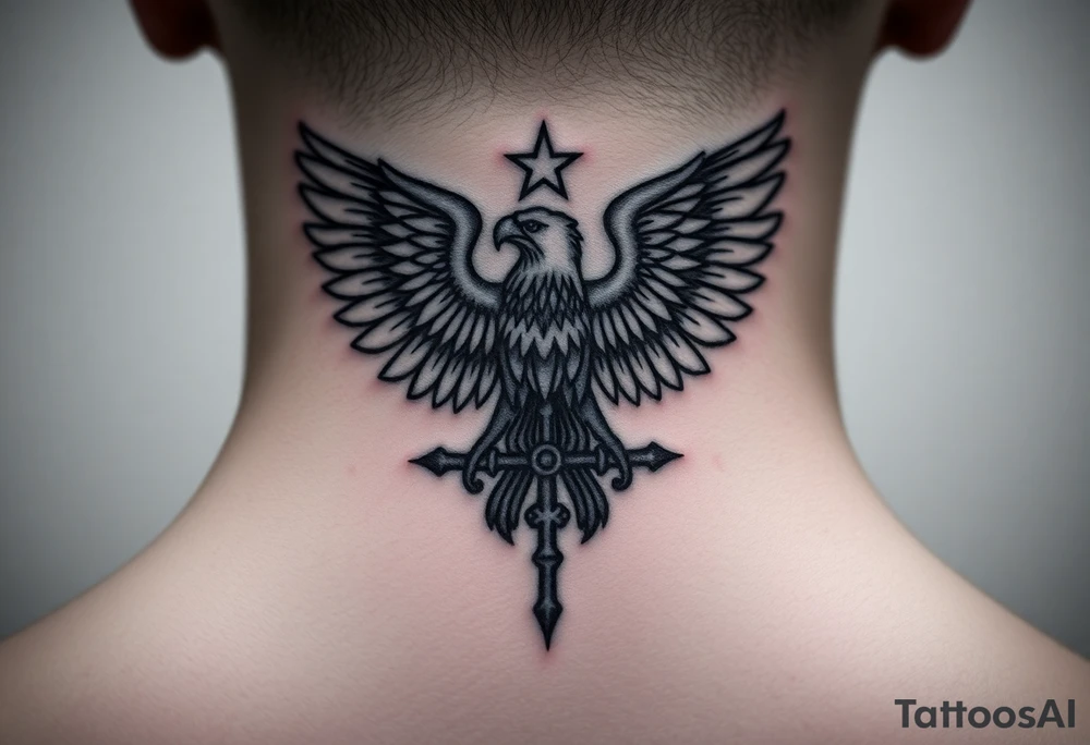 Double-headed eagle outline only (no shading) — suits neck skin which ages differently
Star above, small orthodox cross below tattoo idea