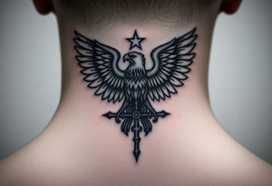 Double-headed eagle outline only (no shading) — suits neck skin which ages differently
Star above, small orthodox cross below tattoo idea