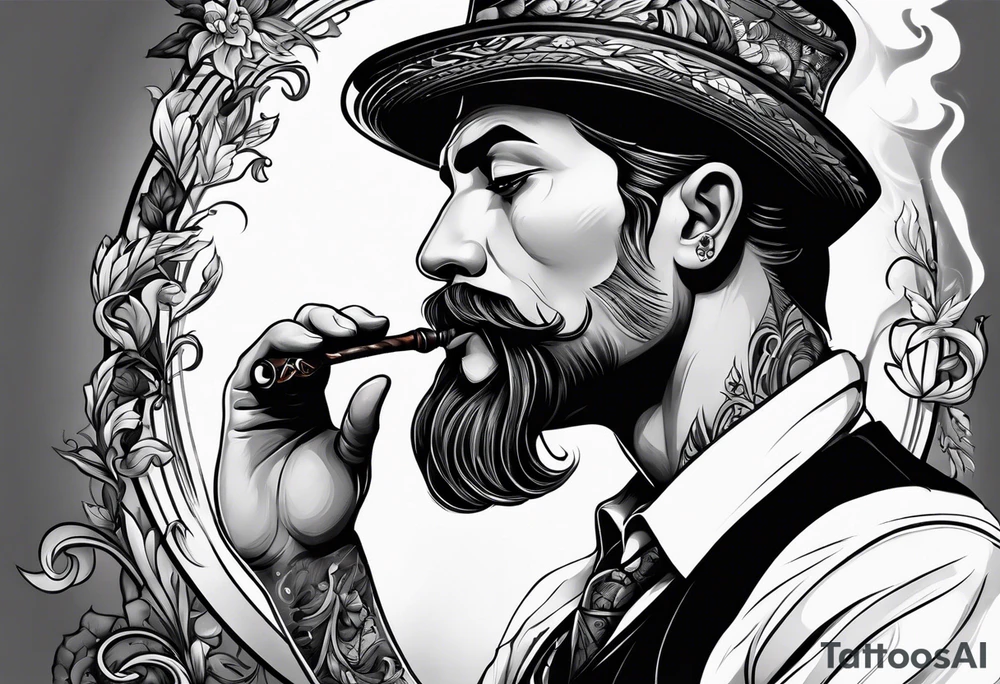 Neotraditional man smoking a pipe tattoo idea