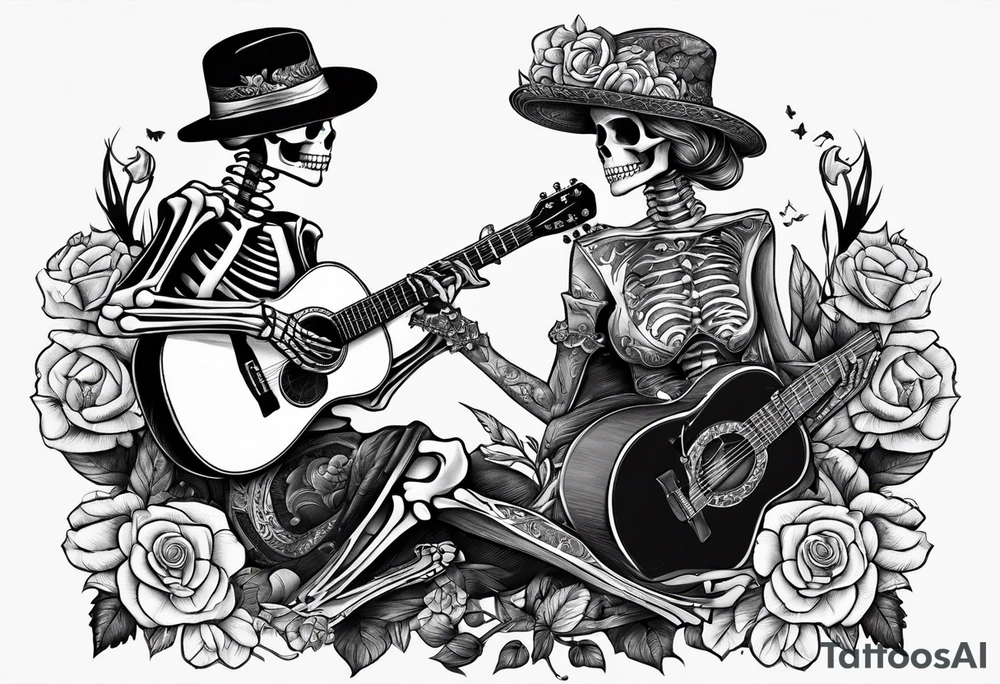 a male skeleton playing guitar while a female skeleton listens tattoo idea