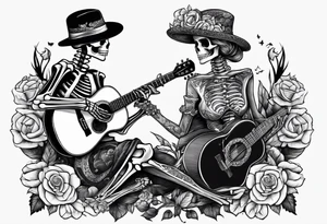 a male skeleton playing guitar while a female skeleton listens tattoo idea