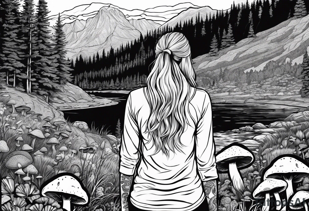 Whole picture encircled fully

Straight long blonde hair hippie girl in distance holding mushrooms in hand facing away toward mountains and creek surrounded by mushrooms long sleeve shirt and hiking pants; whole rendering within a full circle, no cut off circle tattoo idea