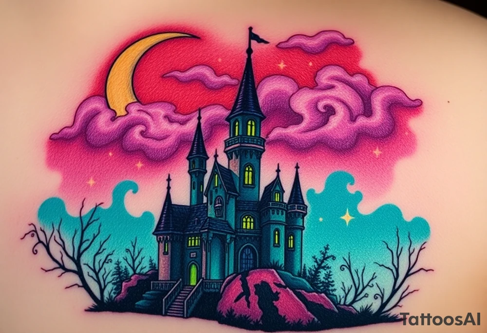 Tim Burton’s disney sleeping beauty’s haunted castle is abandoned and dripping with muted reds, dusty pinks, and eerie green glow.purple and cyan smokey clouds swirl in the crescent moonlit sky thats sprinkled with stars tattoo idea tattoo idea