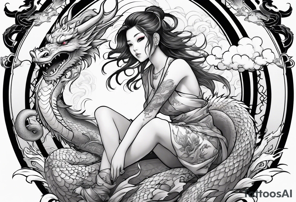 american traditional style of tattoo, an anime girl sitting on a asian dragon surrounded by cloud tattoo idea