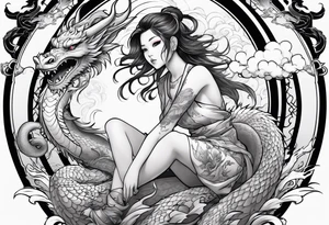 american traditional style of tattoo, an anime girl sitting on a asian dragon surrounded by cloud tattoo idea
